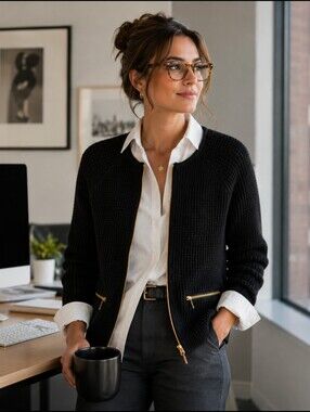 Women's Bllack Zippered Cardigan Sweater By John Lewis Sz-S